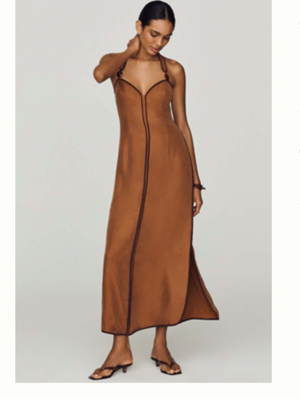 Silk-Blend Brown Slip Dress with Contrast Piping